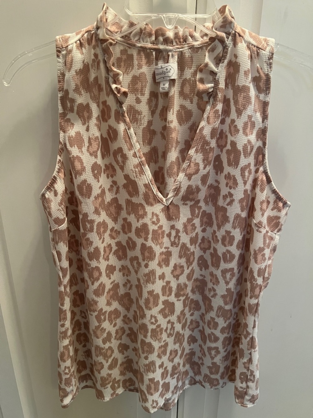 Mud Pie Blush Leopard Ruffle V-Neck Sleeveless Top